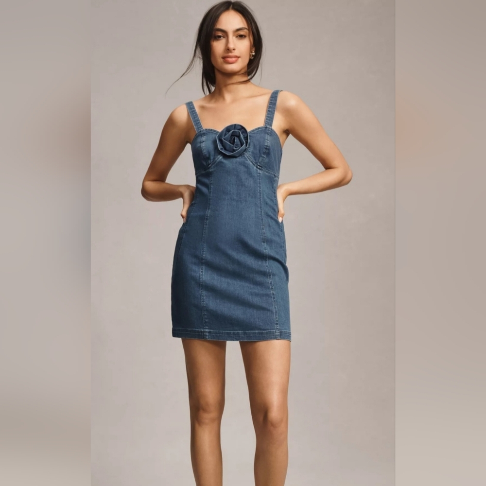 Anthropologie Porridge Rosette Denim Slim Mini Dress $158 XS Blue Stretchy NWT